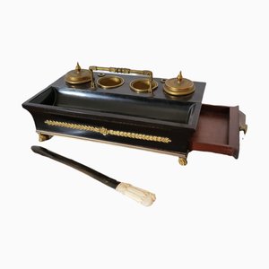 19th Century French Gilded Dore Bronze & Ebonized Wood Inkwell-TCS-1357514