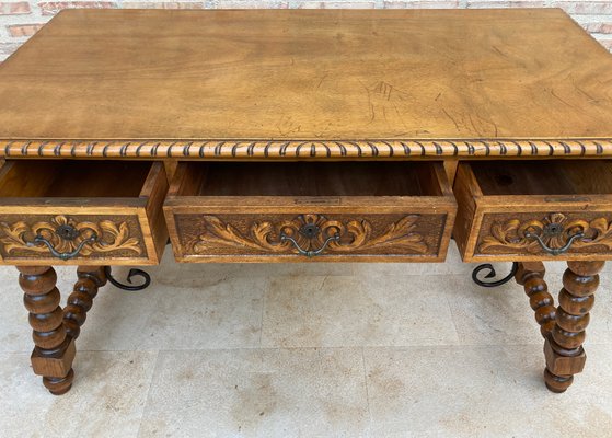 19th-Century French Hand Carved Oak Desk with Iron Stretcher & Solomonic Legs-NOU-1010607