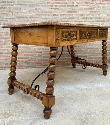 19th-Century French Hand Carved Oak Desk with Iron Stretcher & Solomonic Legs-NOU-1010607