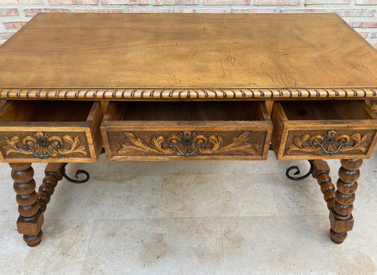 19th-Century French Hand Carved Oak Desk with Iron Stretcher & Solomonic Legs-NOU-1010607