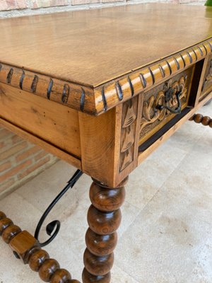 19th-Century French Hand Carved Oak Desk with Iron Stretcher & Solomonic Legs-NOU-1010607