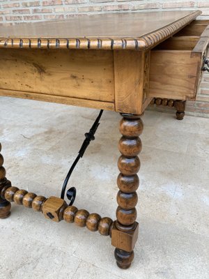 19th-Century French Hand Carved Oak Desk with Iron Stretcher & Solomonic Legs-NOU-1010607