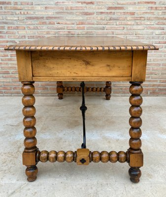 19th-Century French Hand Carved Oak Desk with Iron Stretcher & Solomonic Legs-NOU-1010607