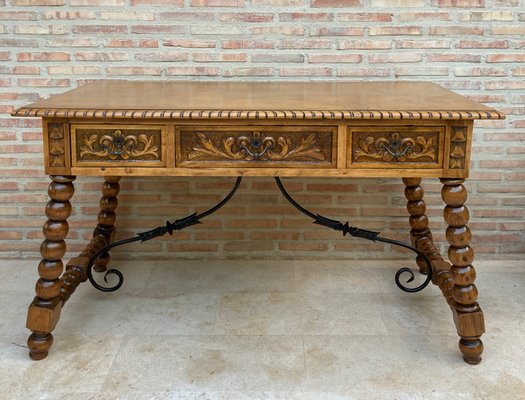 19th-Century French Hand Carved Oak Desk with Iron Stretcher & Solomonic Legs-NOU-1010607