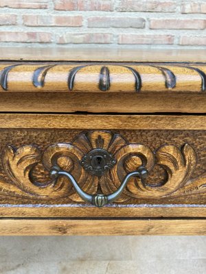 19th-Century French Hand Carved Oak Desk with Iron Stretcher & Solomonic Legs-NOU-1010607