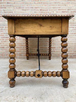 19th-Century French Hand Carved Oak Desk with Iron Stretcher & Solomonic Legs-NOU-1010607