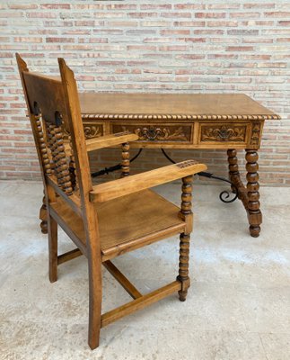 19th Century French Hand-Carved Oak Desk with Solomonic Legs and Armchair, Set of 2-NOU-1015675