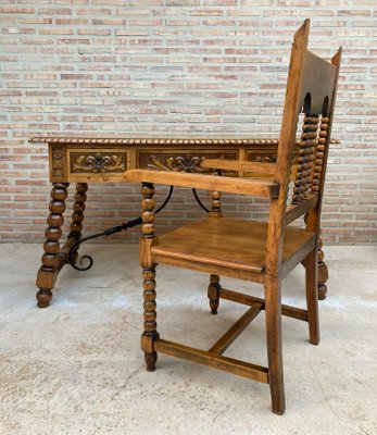 19th Century French Hand-Carved Oak Desk with Solomonic Legs and Armchair, Set of 2-NOU-1015675