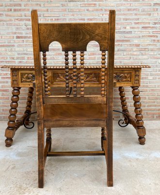 19th Century French Hand-Carved Oak Desk with Solomonic Legs and Armchair, Set of 2-NOU-1015675