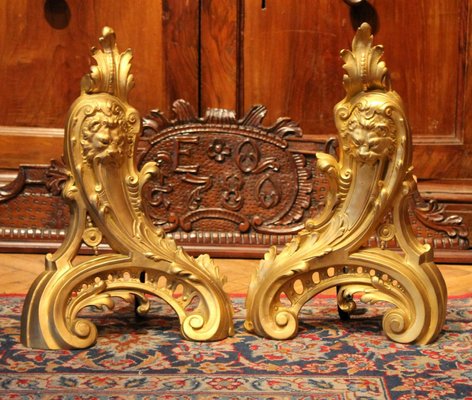 19th Century French Louis XV Style Gilt Bronze Lions Head Fireplace Andirons, Set of 2-AXE-1433374