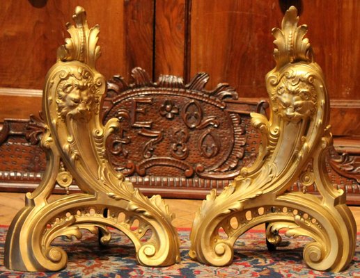 19th Century French Louis XV Style Gilt Bronze Lions Head Fireplace Andirons, Set of 2-AXE-1433374