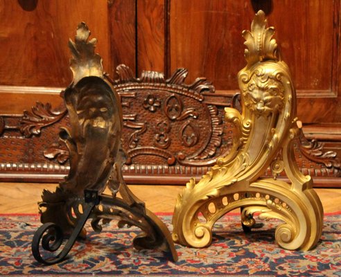 19th Century French Louis XV Style Gilt Bronze Lions Head Fireplace Andirons, Set of 2-AXE-1433374