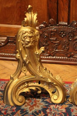 19th Century French Louis XV Style Gilt Bronze Lions Head Fireplace Andirons, Set of 2-AXE-1433374