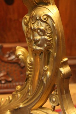 19th Century French Louis XV Style Gilt Bronze Lions Head Fireplace Andirons, Set of 2-AXE-1433374