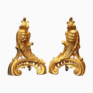 19th Century French Louis XV Style Gilt Bronze Lions Head Fireplace Andirons, Set of 2-AXE-1433374