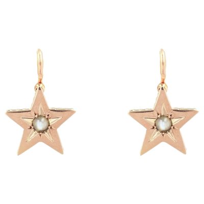 19th Century French Pearl 18 Karat Rose Gold Lever-Back Star Earrings, Set of 2-OLU-1388188