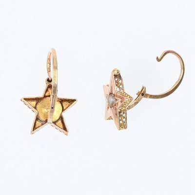 19th Century French Pearl 18 Karat Rose Gold Lever-Back Star Earrings, Set of 2-OLU-1388188