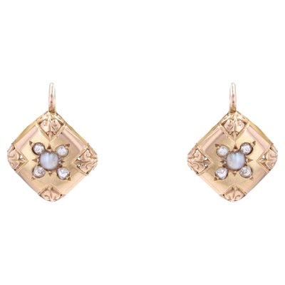 19th Century French Pearl Diamond 18 Karat Rose Gold Lever Back Earrings, Set of 2-OLU-1388182