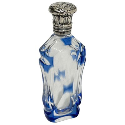 19th Century French Small Crystal Clear and Blue Overlay Scent Bottle with Silver Cap-UCH-1224326