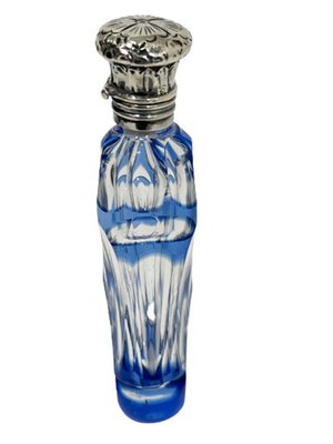 19th Century French Small Crystal Clear and Blue Overlay Scent Bottle with Silver Cap-UCH-1224326