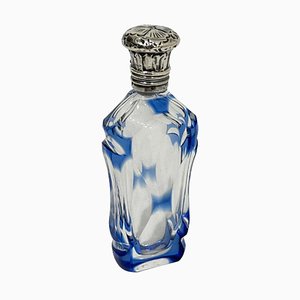 19th Century French Small Crystal Clear and Blue Overlay Scent Bottle with Silver Cap-UCH-1224326