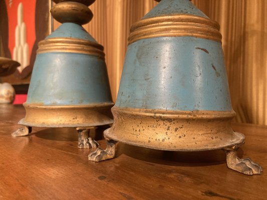 19th Century French Tall Blue Painted Tole and Parcel Gilt Pricket Candlesticks, Set of 2-AXE-1433421