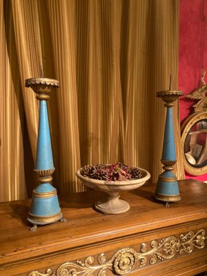 19th Century French Tall Blue Painted Tole and Parcel Gilt Pricket Candlesticks, Set of 2-AXE-1433421