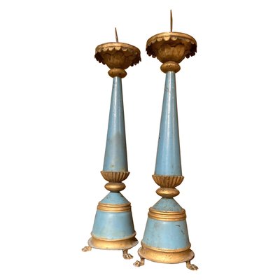 19th Century French Tall Blue Painted Tole and Parcel Gilt Pricket Candlesticks, Set of 2-AXE-1433421