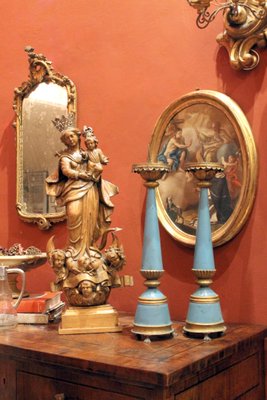 19th Century French Tall Blue Painted Tole and Parcel Gilt Pricket Candlesticks, Set of 2-AXE-1433421