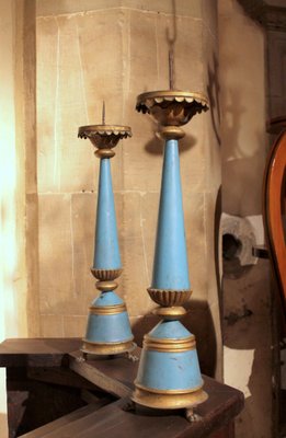 19th Century French Tall Blue Painted Tole and Parcel Gilt Pricket Candlesticks, Set of 2-AXE-1433421