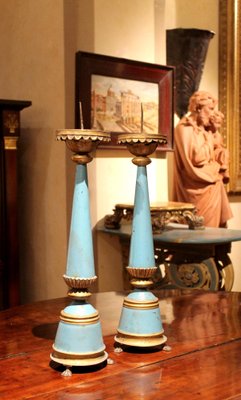 19th Century French Tall Blue Painted Tole and Parcel Gilt Pricket Candlesticks, Set of 2-AXE-1433421