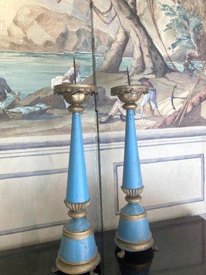 19th Century French Tall Blue Painted Tole and Parcel Gilt Pricket Candlesticks, Set of 2-AXE-1433421