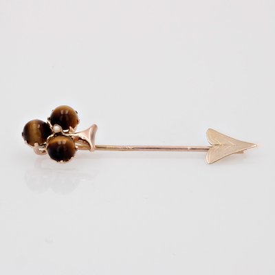 19th Century French Tiger Eye Fine Pearl Rose Gold Clover Pin Brooch-OLU-1815850