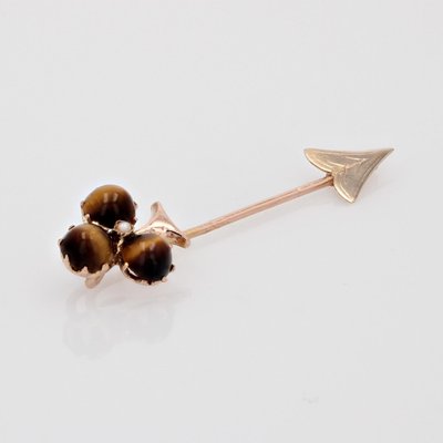 19th Century French Tiger Eye Fine Pearl Rose Gold Clover Pin Brooch-OLU-1815850