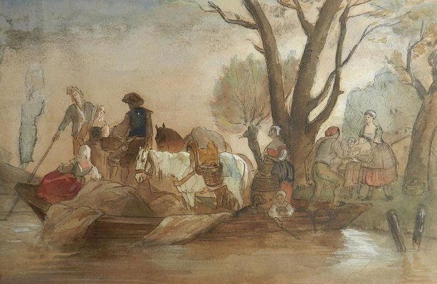 19th Century French Watercolor Villagers at Waters Edge Manner by Jules Hereau, 1870-ARU-626162