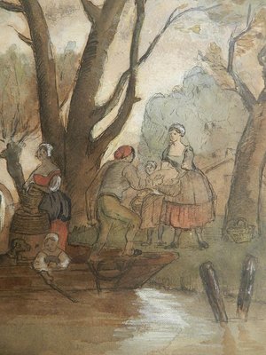 19th Century French Watercolor Villagers at Waters Edge Manner by Jules Hereau, 1870-ARU-626162