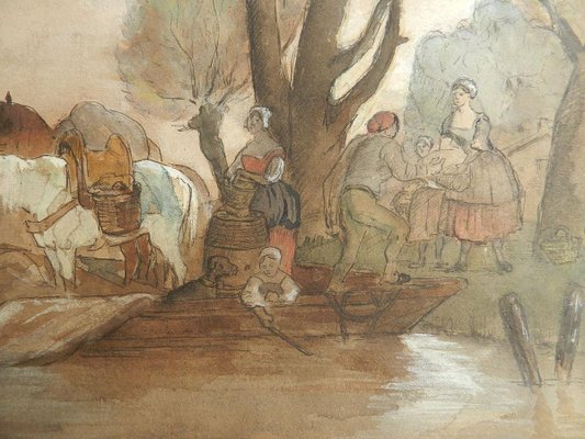 19th Century French Watercolor Villagers at Waters Edge Manner by Jules Hereau, 1870-ARU-626162