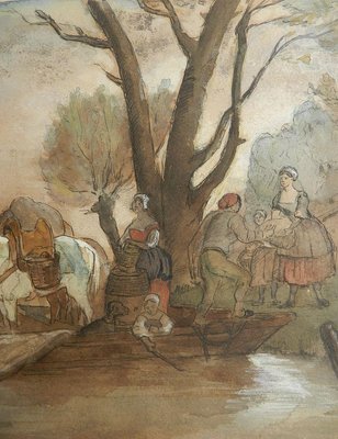 19th Century French Watercolor Villagers at Waters Edge Manner by Jules Hereau, 1870-ARU-626162