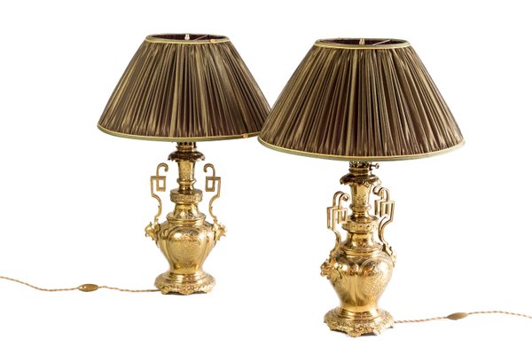 19th Century Gilt Brass and Bronze Table Lamps, Set of 2-CEJ-551121