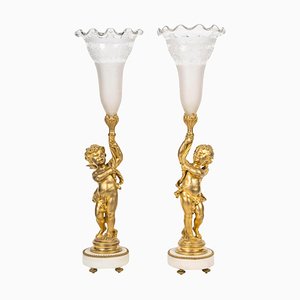 19th Century Gilt Bronze and Crystal Cornet Vases, Set of 2-WFS-2039438