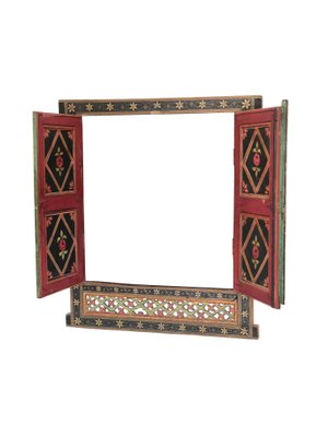 19th Century Indian Hand Painted Carved Wood Window Frame-LYQ-1171749