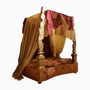 19th Century Italian Canopy Bed with Silver Friezes and Upholstered Purple Silk-AXE-1433479