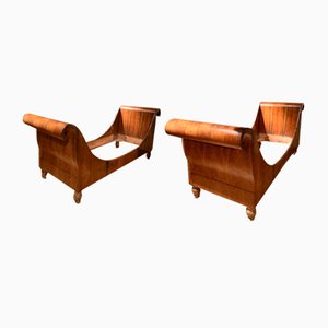 19th Century Italian Empire Flamed Walnut Sleigh Beds or Daybeds, Set of 2-AXE-1705250