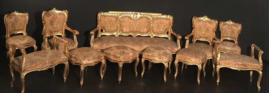 19th-Century Italian Gilt Living Room Set with Sofa and Armchairs, Set of 3-MBH-1031585