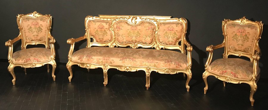 19th-Century Italian Gilt Living Room Set with Sofa and Armchairs, Set of 3-MBH-1031585