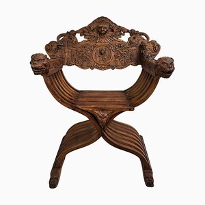 19th Century Italian Renaissance Savonarola Chair in Carved Walnut-EUP-1308627