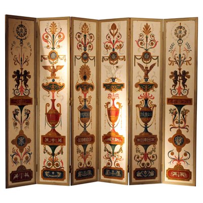 19th Century Italian Six-Panel Painted Wood Folding Screen in Gilt Bronze Frame-AXE-1433396