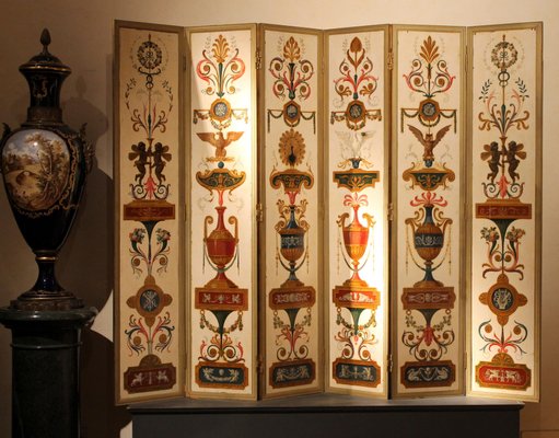 19th Century Italian Six-Panel Painted Wood Folding Screen in Gilt Bronze Frame-AXE-1433396