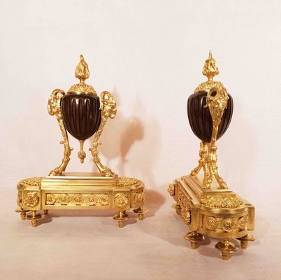 19th Century Louis XVI Gilt Bronze Ram Andirons, Set of 2-AWH-786564