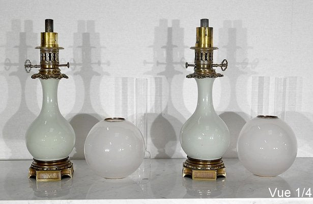 19th Century Napoleon III Oil Table Lamps in Celadon and Bronze, Set of 2-RVK-1419362